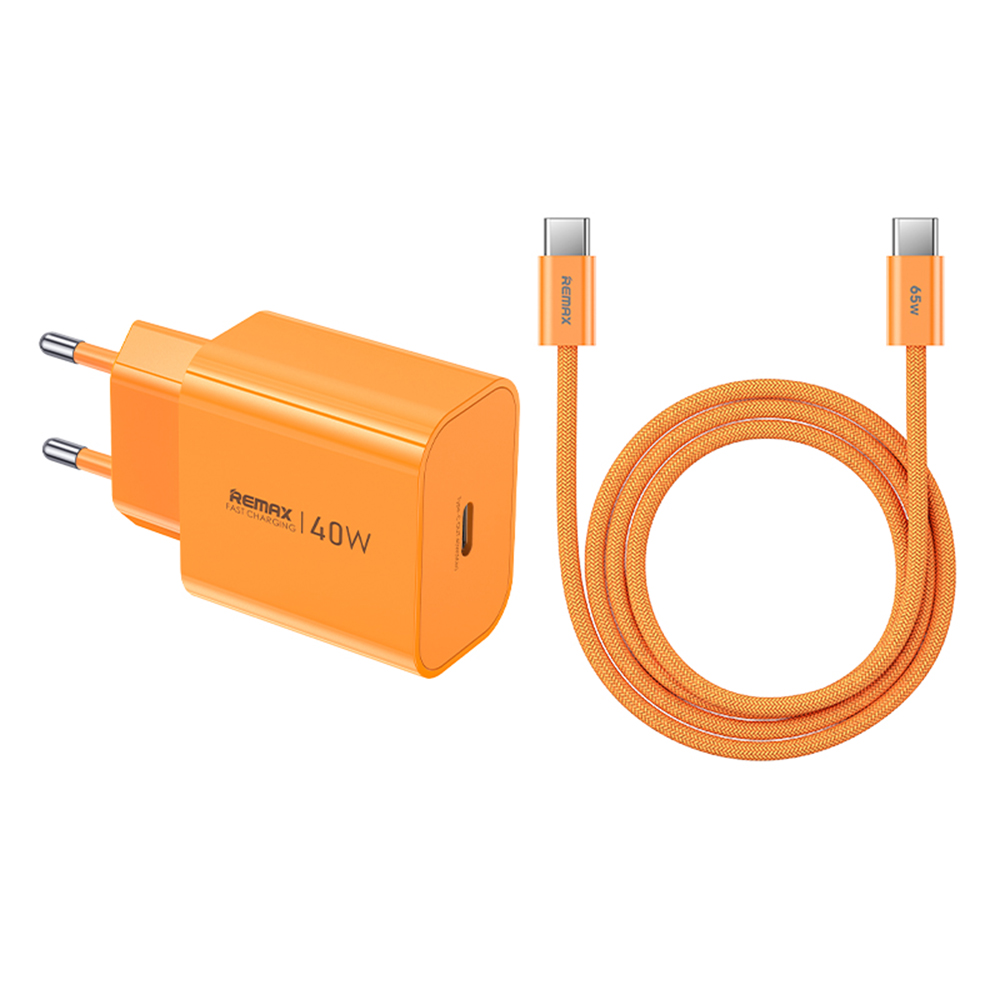 REMAX CA10(C40W) GaN Charger Kit 40W USB-C PD Adapter + 65W USB-C to USB-C Cable EU Plug Fast Charging Set - Orange