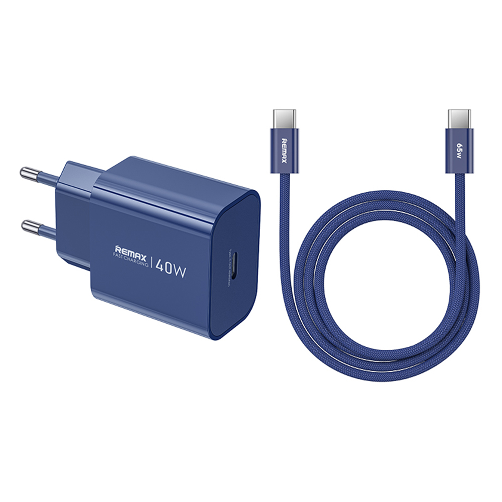 REMAX CA10(C40W) GaN Charger Kit 40W USB-C PD Adapter + 65W USB-C to USB-C Cable EU Plug Fast Charging Set - Blue