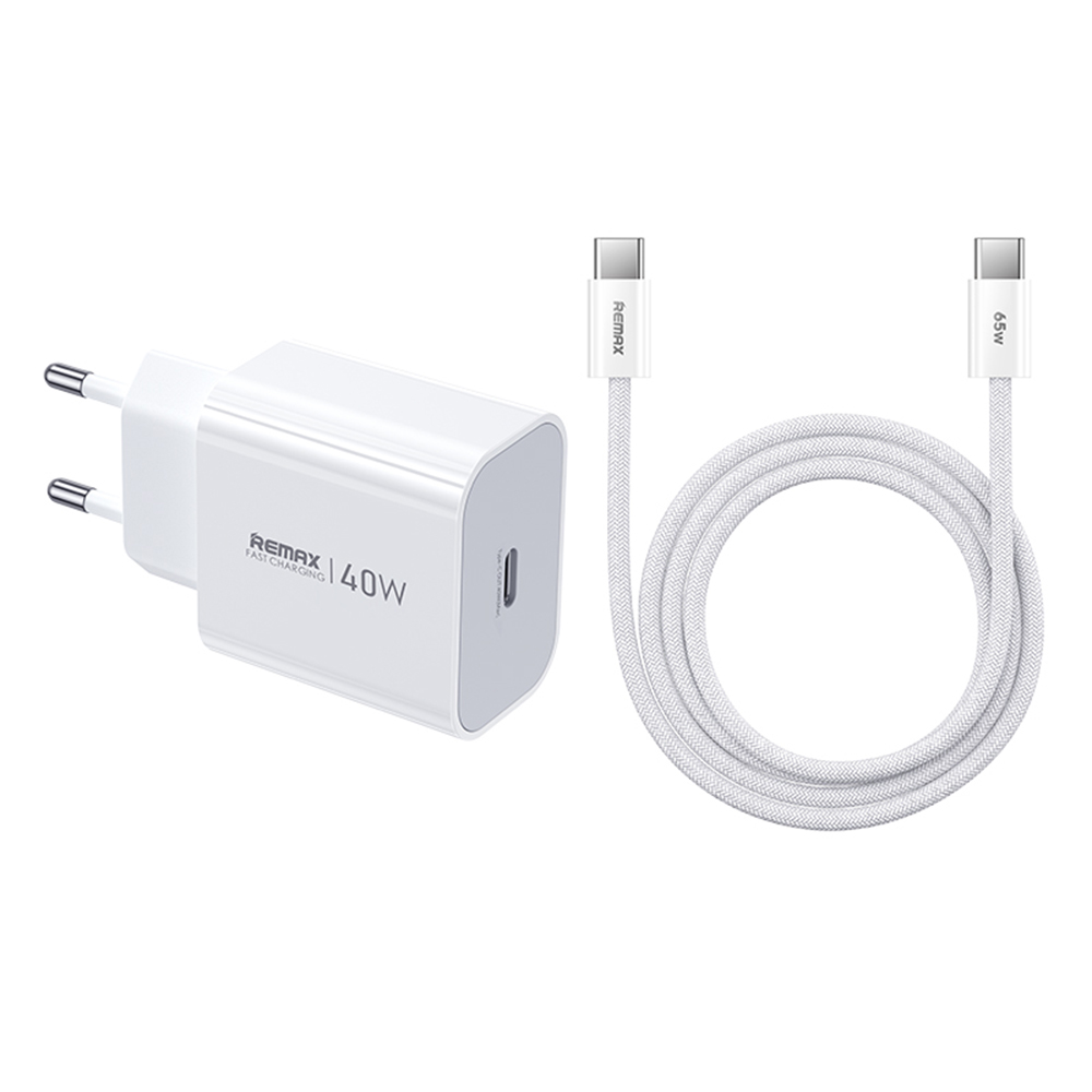 REMAX CA10(C40W) GaN Charger Kit 40W USB-C PD Adapter + 65W USB-C to USB-C Cable EU Plug Fast Charging Set - White