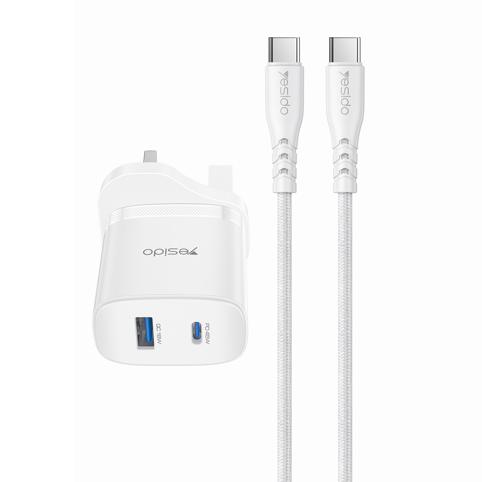 YESIDO YC156 UK Plug PD 45W USB-C + QC 18W USB-A Wall Charger Dual Port Fast Charging Adapter with 1m Type-C Cable - White