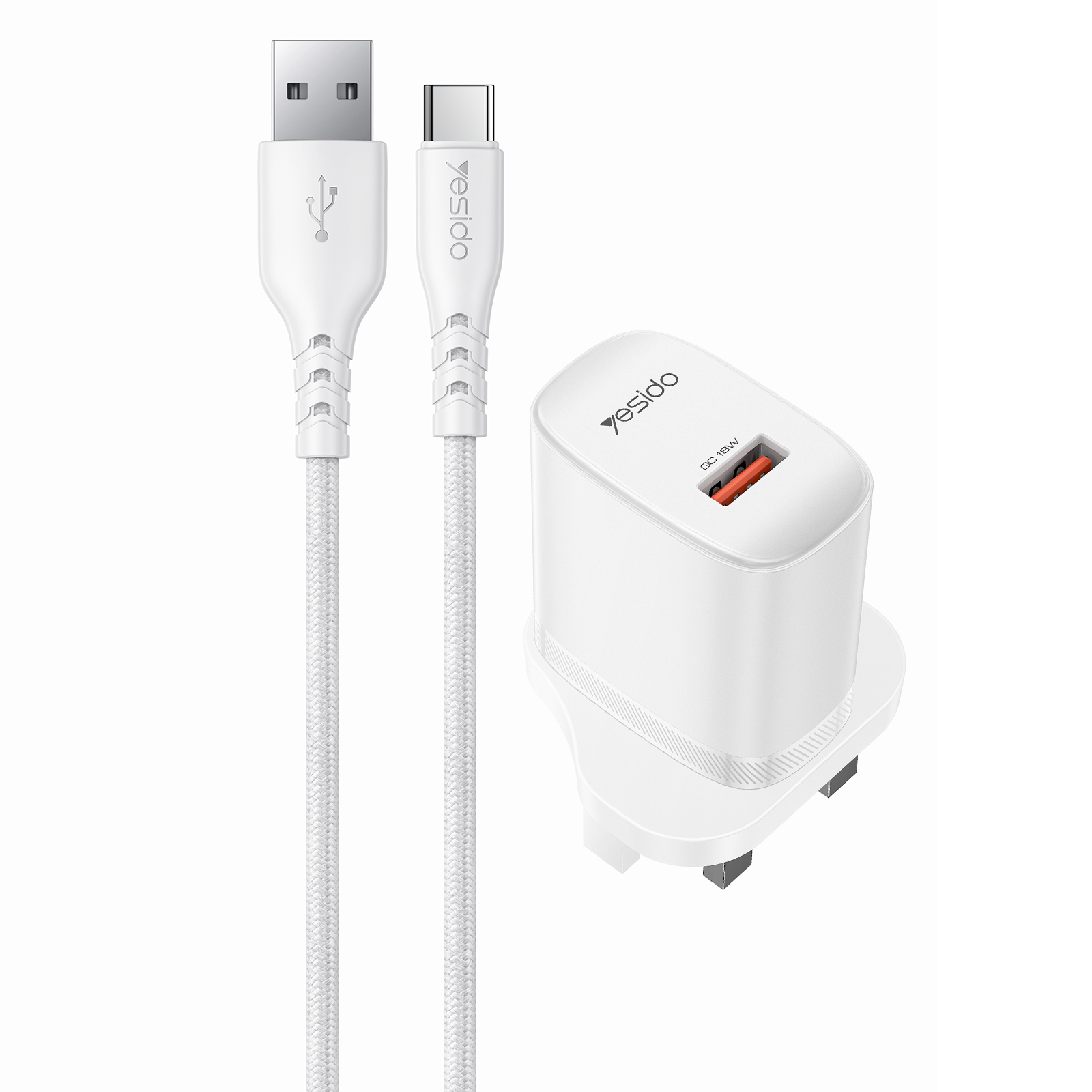 YESIDO YC157 UK Plug QC 3.0 18W USB-A Fast Charging Adapter Wall Charger with 1m USB-A to Type-C Cable - White