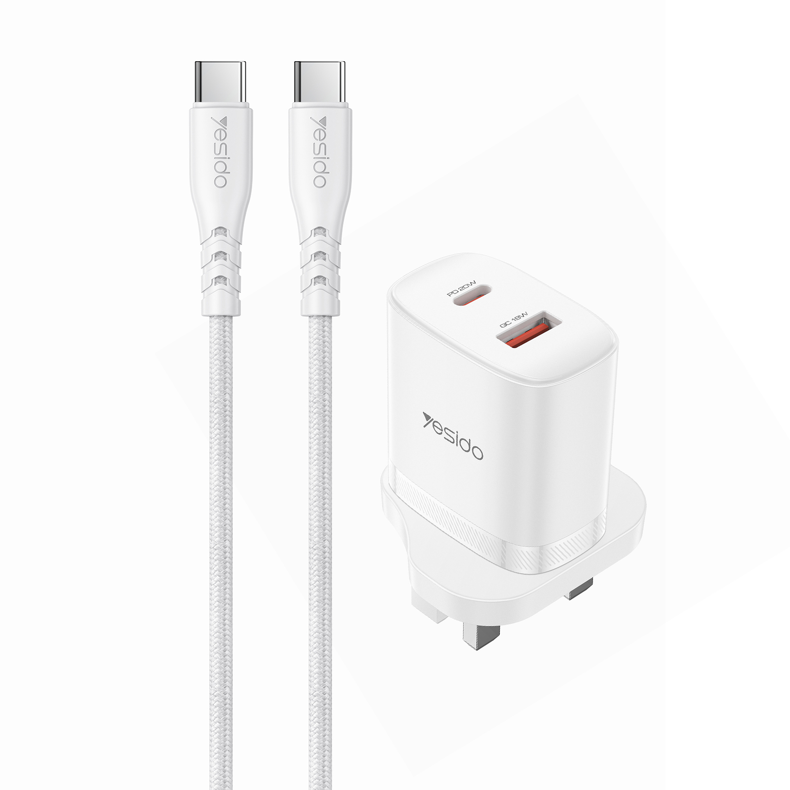 YESIDO YC152 UK Plug PD 20W USB-C + QC 18W USB-A Wall Charger Dual Port Fast Charging Adapter with 1m Type-C Cable - White