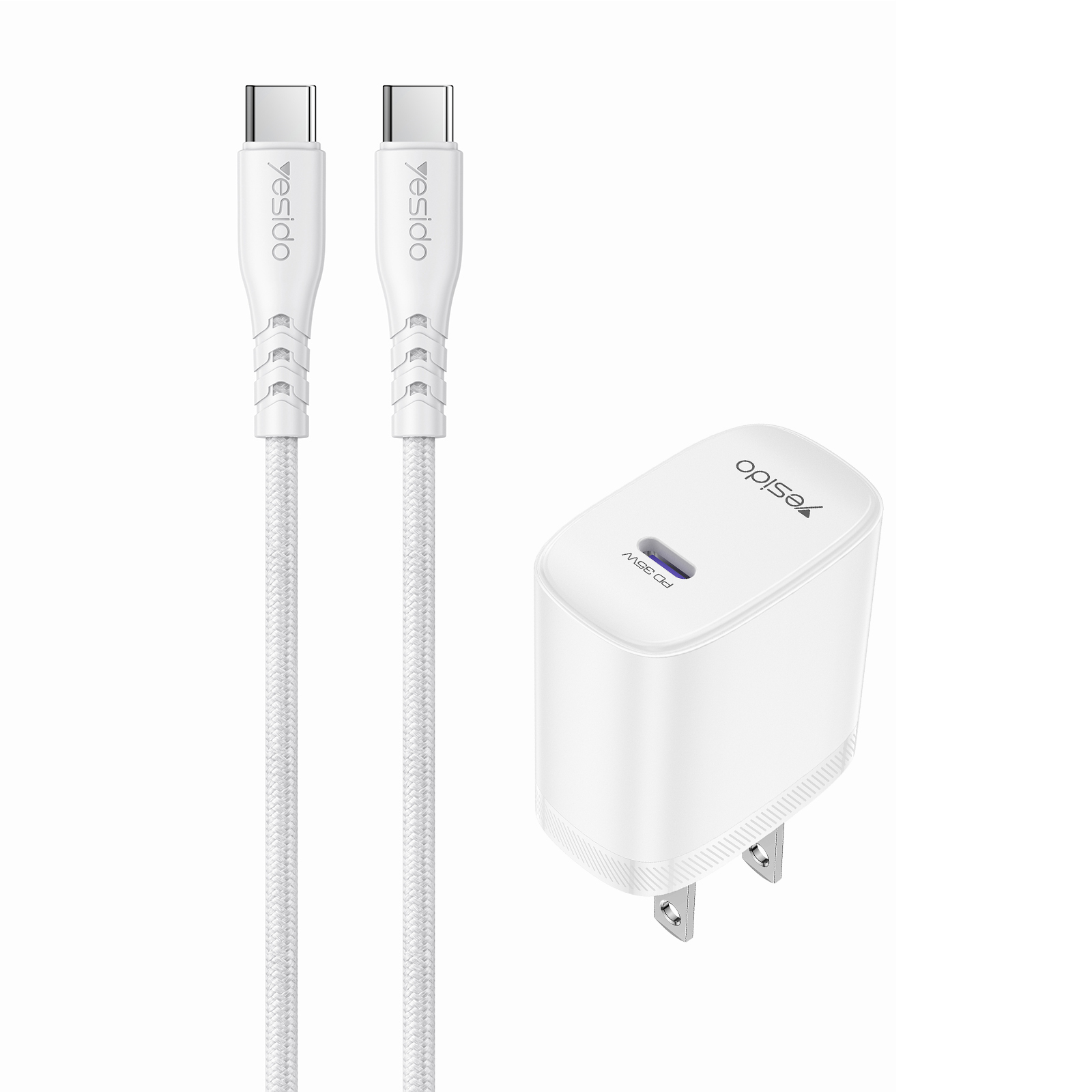 YESIDO YC20U US Plug PD 35W USB-C Wall Charger Fast Charging Adapter with 1m Type-C Cable for Laptop Phone - White