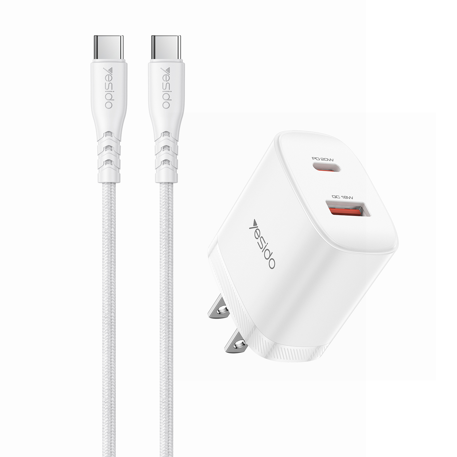 YESIDO YC19U US Plug PD 20W USB-C + QC 18W USB-A Wall Charger Dual Port Fast Charging Adapter with 1m Type-C Cable - White