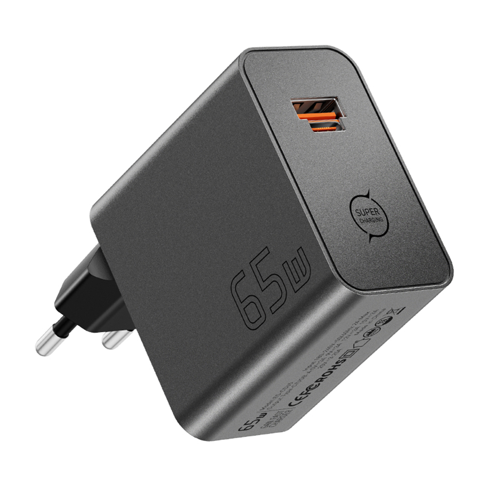 ESSAGER ES-CD65 65W GaN Wall Charger Type-C USB-A 2-in-1 Converged Port Portable Power Adapter for Phone Tablet Laptop - Black / EU Plug