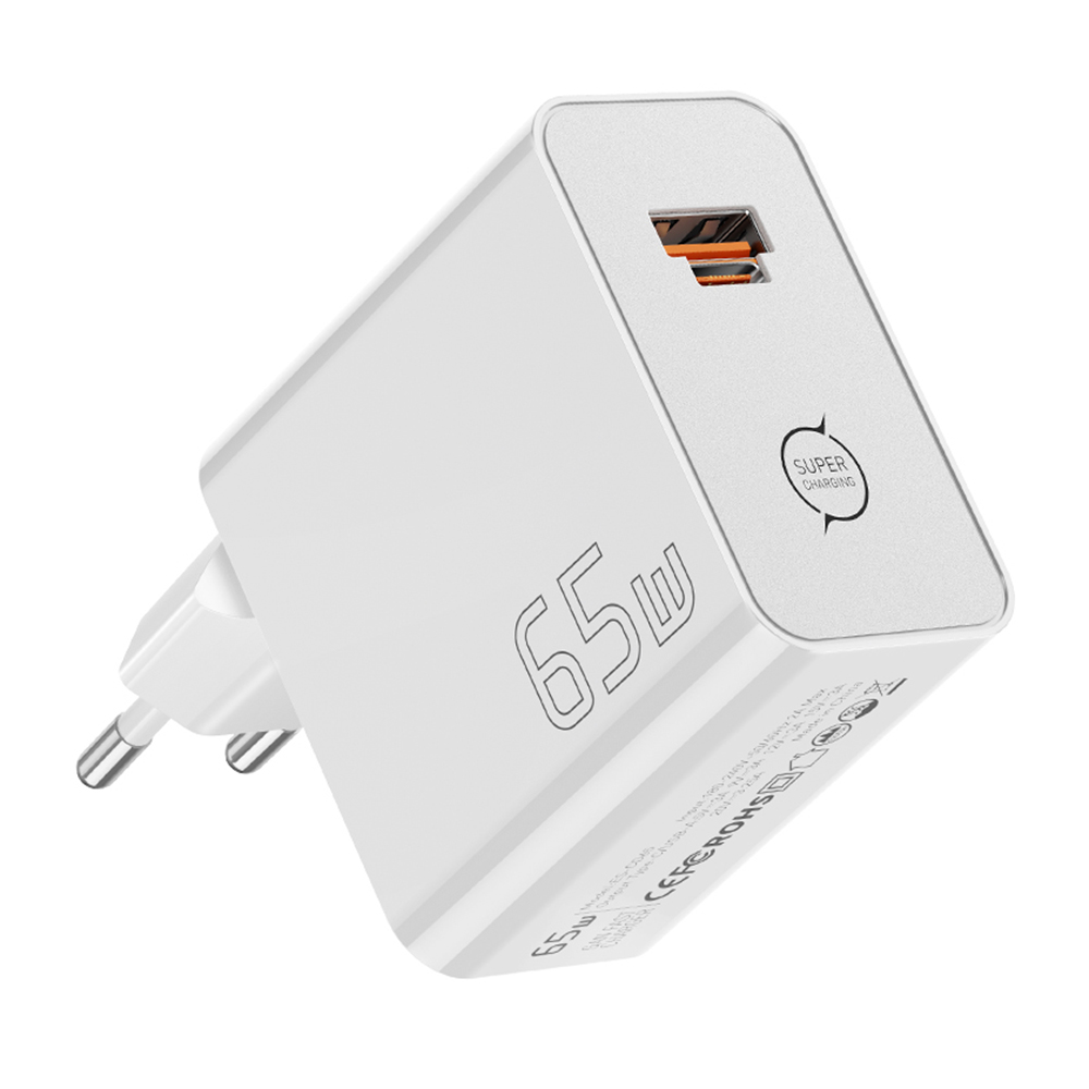 ESSAGER ES-CD65 65W GaN Wall Charger Type-C USB-A 2-in-1 Converged Port Portable Power Adapter for Phone Tablet Laptop - White / EU Plug