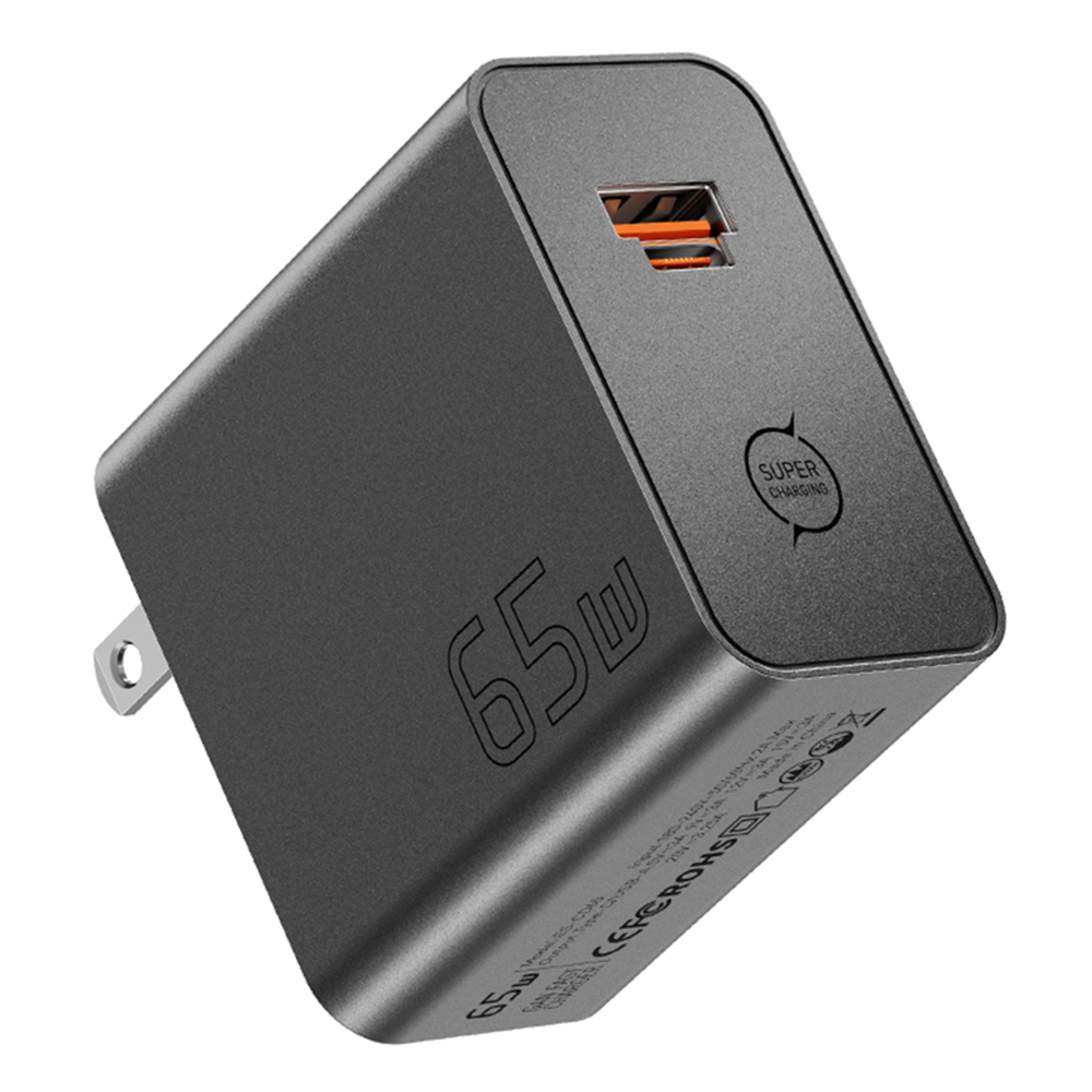 ESSAGER ES-CD65 65W GaN Wall Charger Type-C USB-A 2-in-1 Converged Port Portable Power Adapter for Phone Tablet Laptop - Black / US Plug