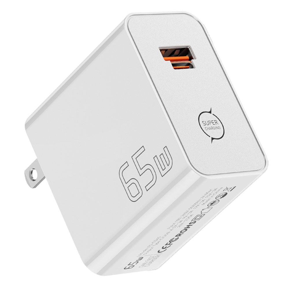 ESSAGER ES-CD65 65W GaN Wall Charger Type-C USB-A 2-in-1 Converged Port Portable Power Adapter for Phone Tablet Laptop - White / US Plug