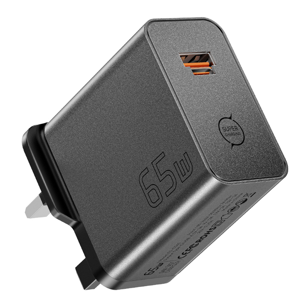 ESSAGER ES-CD65 65W GaN Wall Charger Type-C USB-A 2-in-1 Converged Port Portable Power Adapter for Phone Tablet Laptop - Black / UK Plug