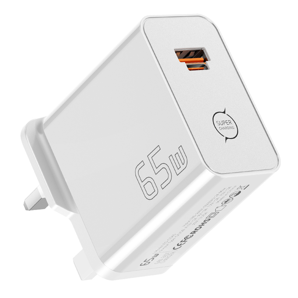 ESSAGER ES-CD65 65W GaN Wall Charger Type-C USB-A 2-in-1 Converged Port Portable Power Adapter for Phone Tablet Laptop - White / UK Plug