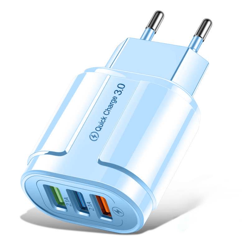 

WPS-MKL-027 Macaron Color 3 USB Ports QC3.0 Phone Tablet Fast Charger Home Travel Power Adapter - Blue/EU Plug, Universal