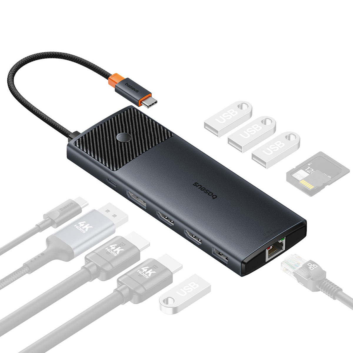 

Baseus Metal Gleam Series II 11-в-1 Тройной Дисплей Usb-концентратор Портативная Док-станция Типа-c, Black