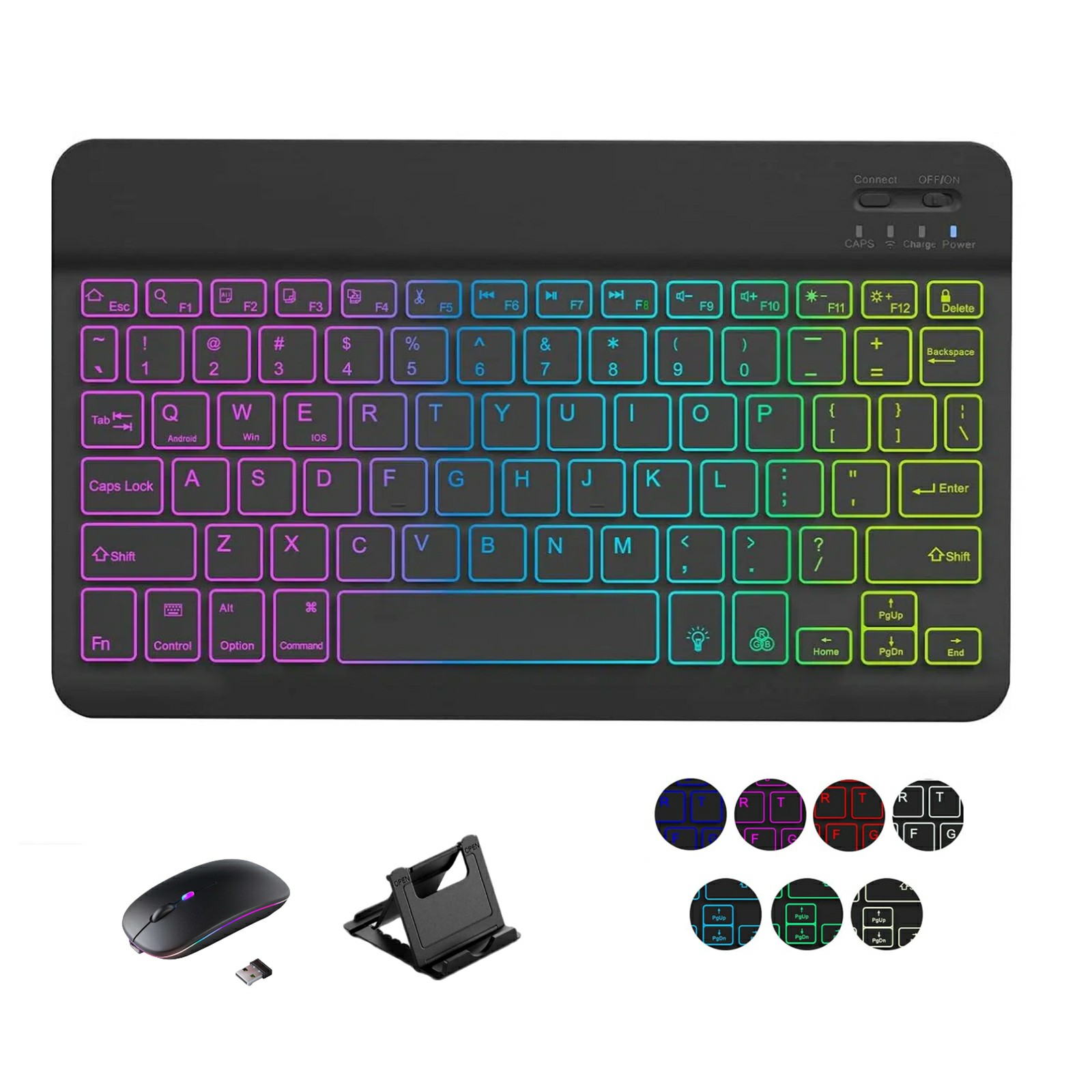 Bluetooth-Compatible Keyboard Mouse Set 7-Color Backlit Combo with Stand for Tablet Laptop - Black