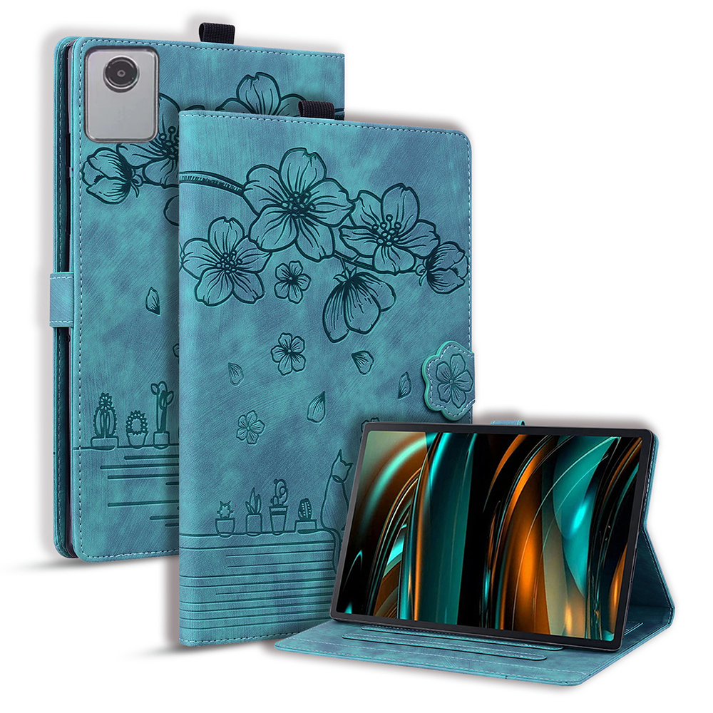 For Lenovo Xiaoxin Pad 11 2025 / Tab K11 Gen 2 TB336 / Idea Tab / Tab M11 Case Card Slots Leather Tablet Stand Folio Cover Flower Cat - Green