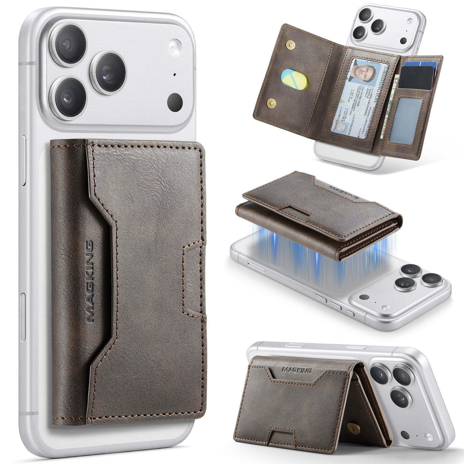 MAGKING K4 Card Holder Tri-Fold Magnetic RFID Blocking PU Leather Wallet - Coffee