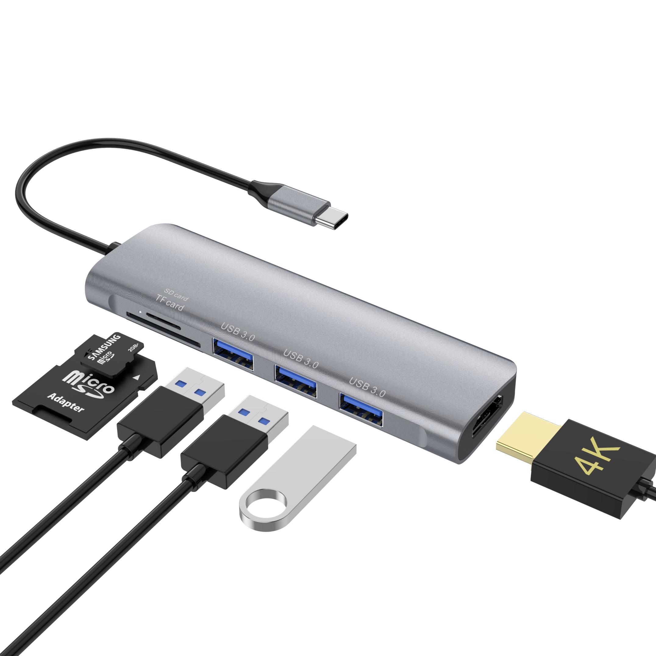 

YSTC9058 6 in 1 Multifunktions-usb-c-hub-hochgeschwindigkeitsdatenübertragungsadapter USB C Auf USB3.0 HDMI TF Sd-konverter