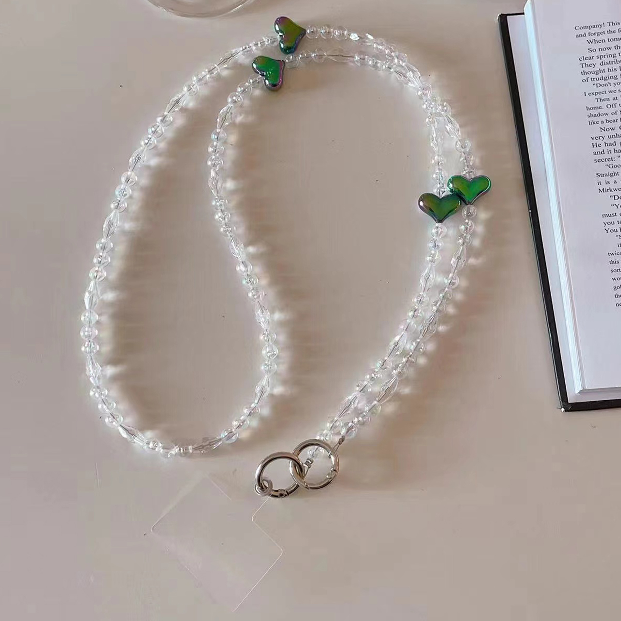 Phone Chain Crossbody Strap 120cm Heart Transparent Beaded Shoulder Lanyard with Tether Tab - Dark Green