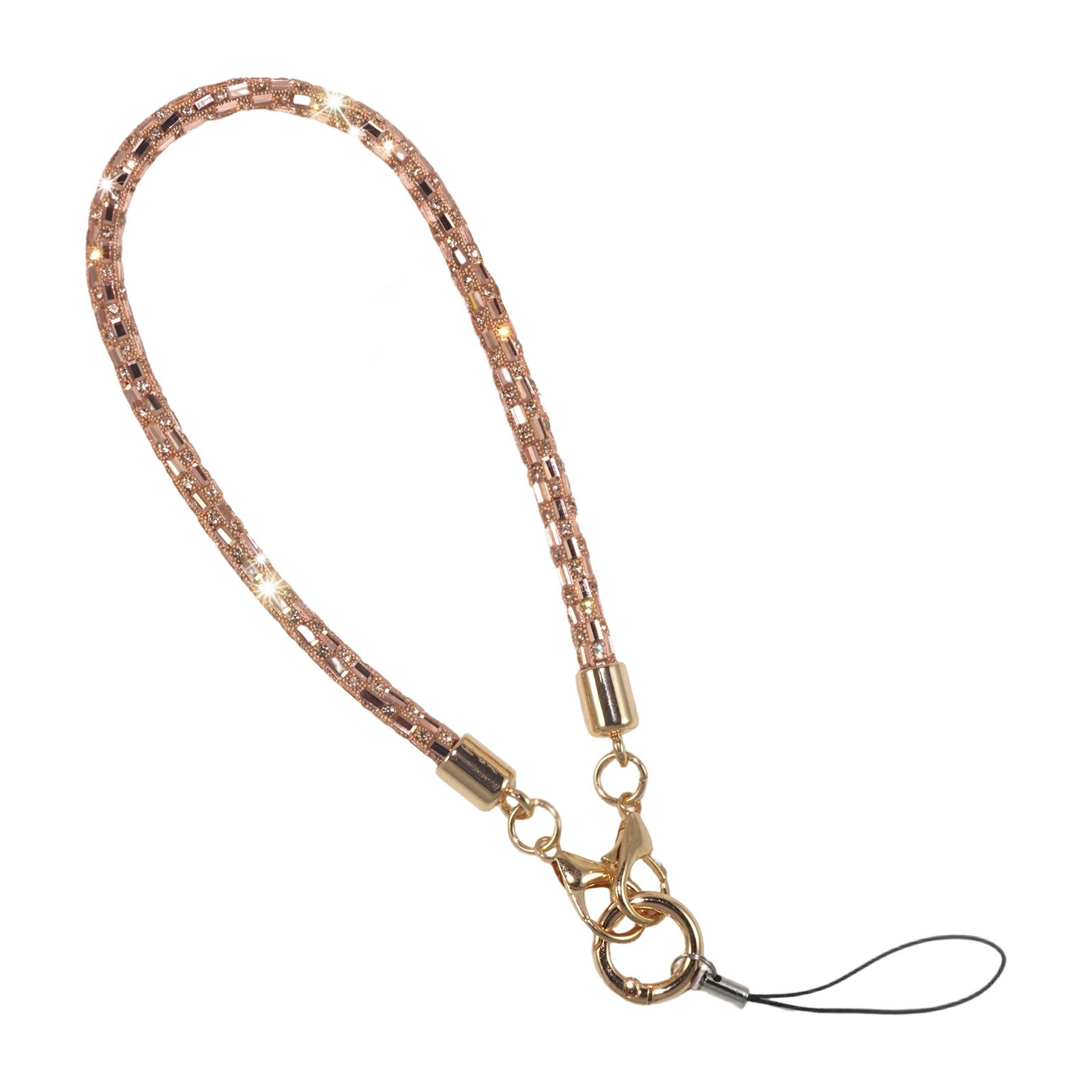 30cm Short Phone Lanyard Square Crystal Gold Connector Cell Phone Wrist Straps with Quick Release Clasp - Rose Gold