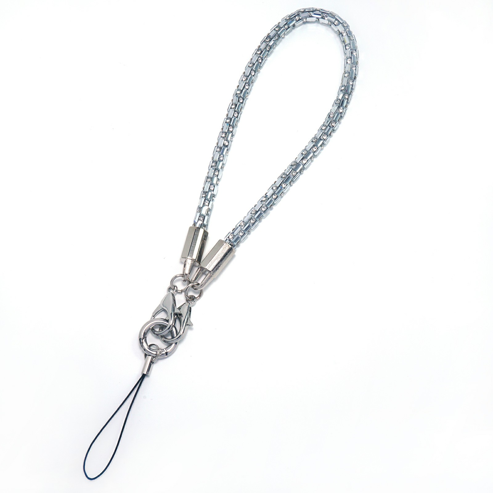 30cm Short Phone Lanyard Square Crystal Silver Connector Cell Phone Wrist Straps with Quick Release Clasp - Silver White