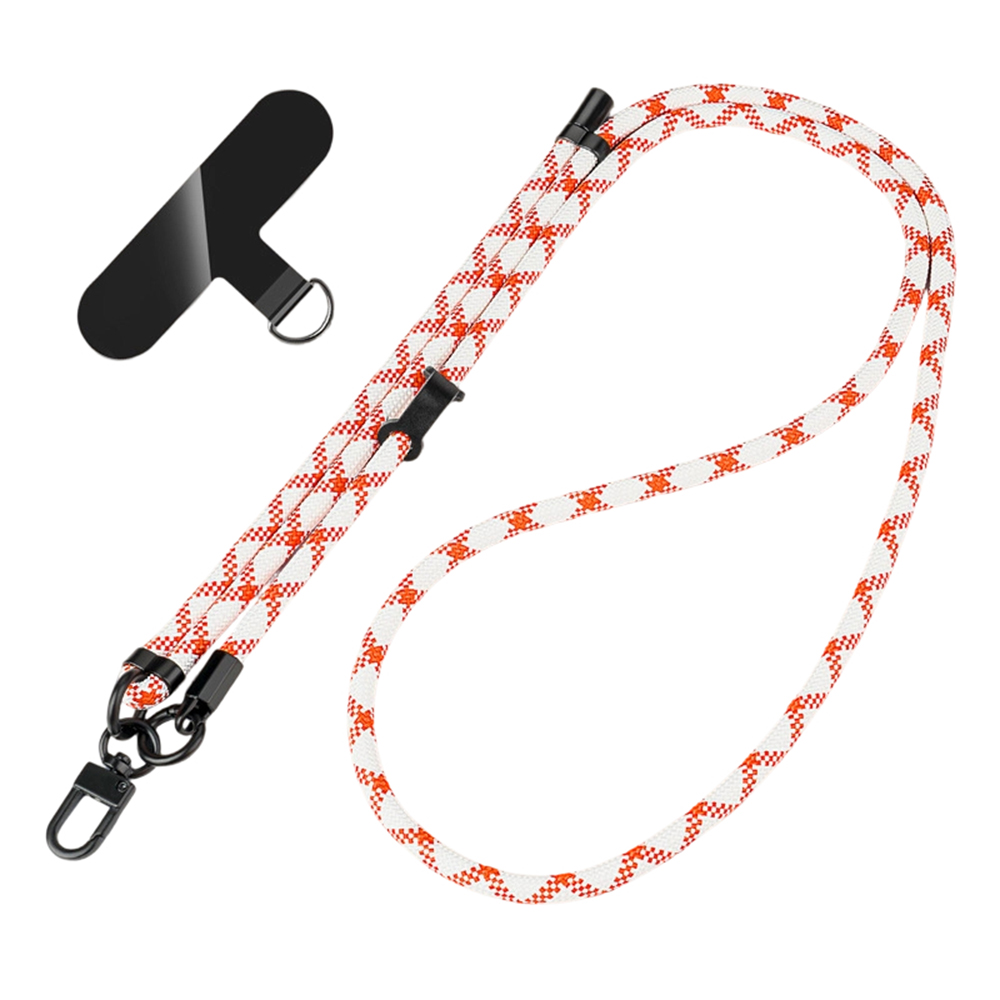 1.5m Adjustable Phone Lanyard with Tether Tab Crossbody Neck Strap Long Nylon Rope, 8mm Diameter - White / Orange X Pattern
