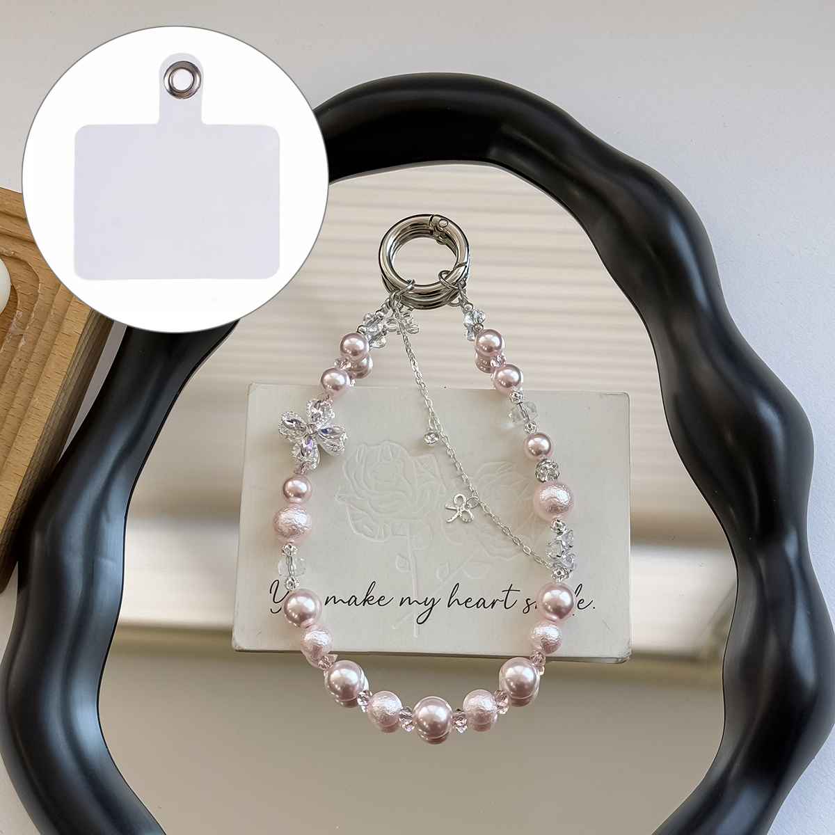 A1182 30cm Phone Lanyard Four Leaf Clover Pearl Beaded Crystal Butterfly Phone Strap Keychain Charm with Removable Blank White Card - Pink