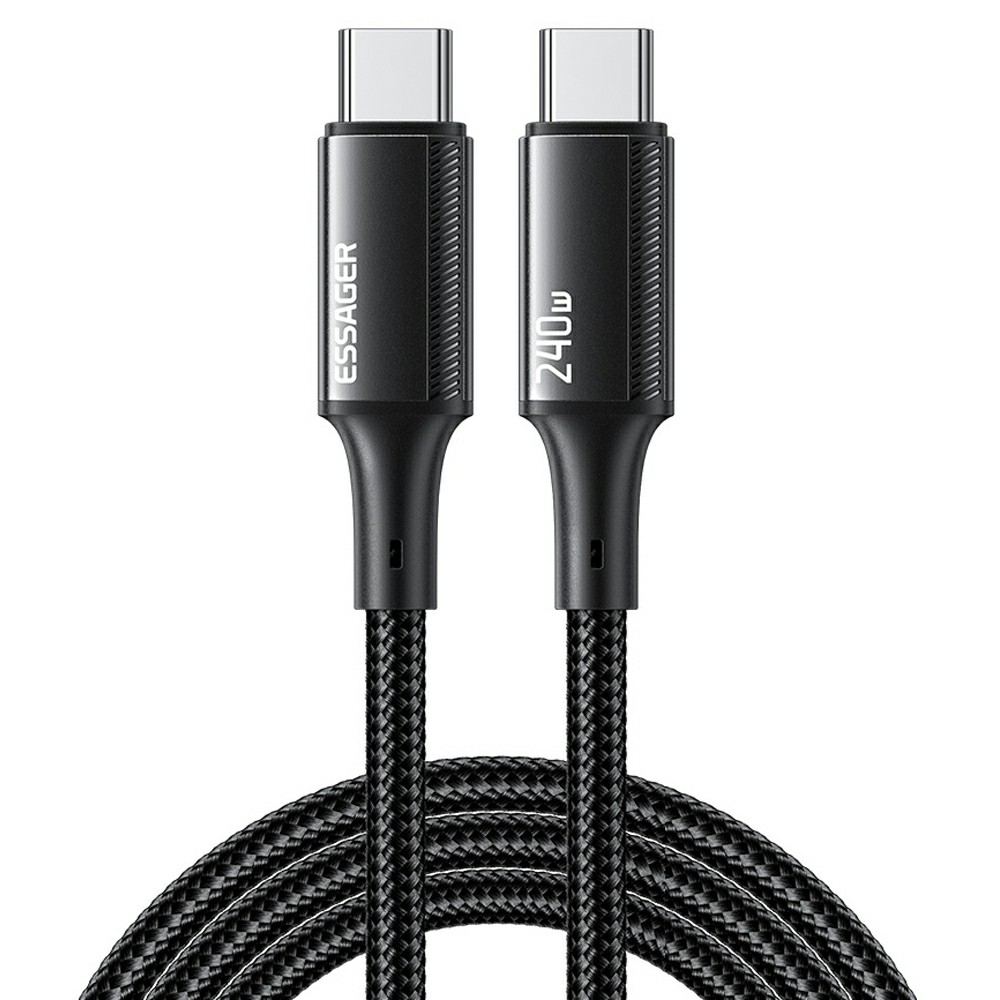 ESSAGER 2m Type-C to Type-C PD 240W Data Cable Braided Phone Laptop Fast Charging Cord - Black