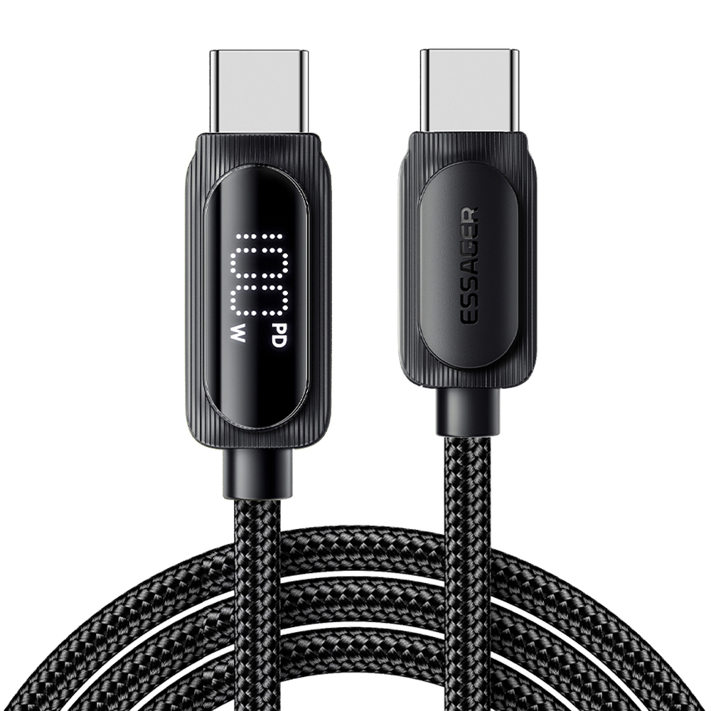 ESSAGER 3m Type-C to Type-C PD 100W Digital Display Data Cable Braided Fast Charging Cord