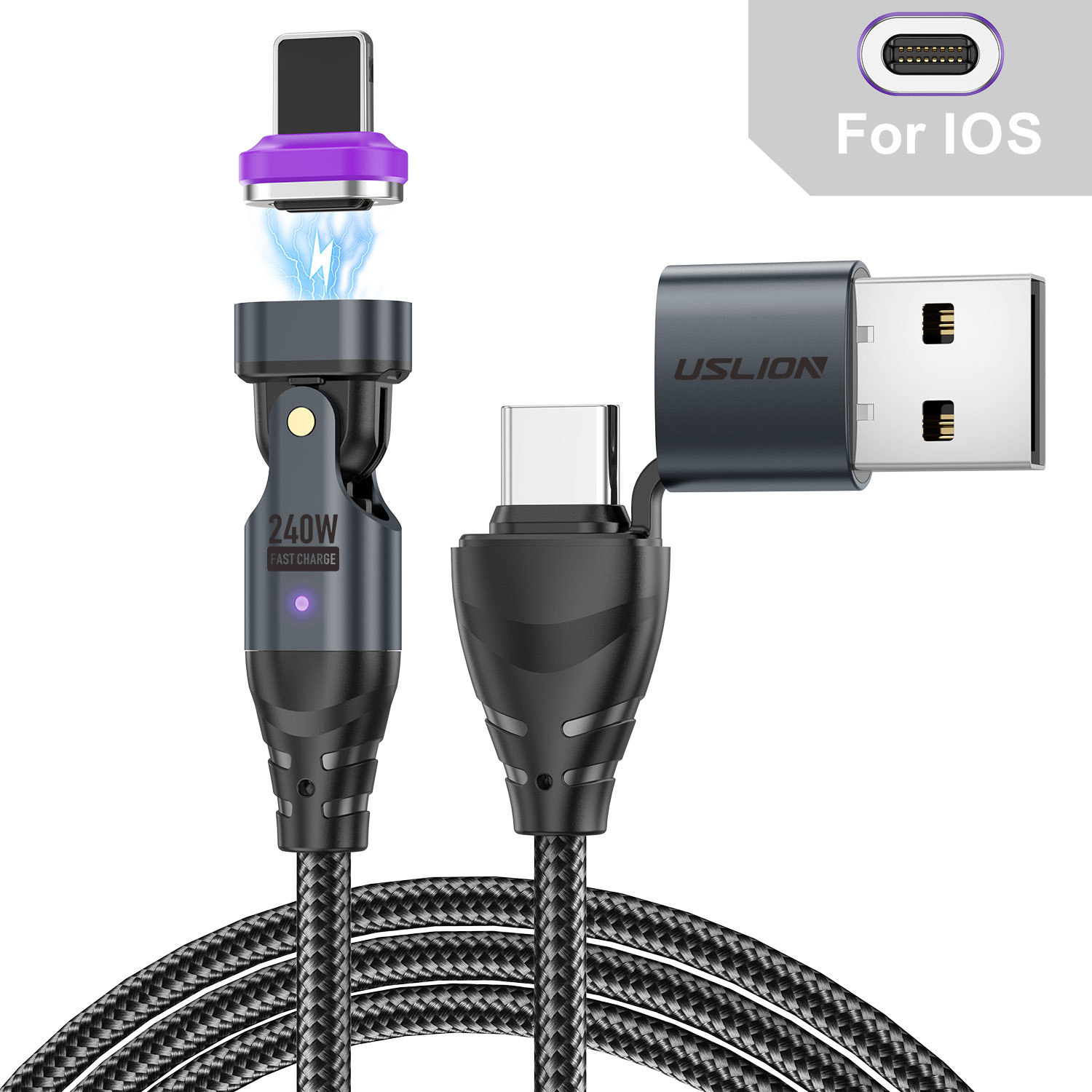 USLION US0204 1m USB / Type-C 2 to 1 Data Cable 180-Degree Rotation 240W Magnetic Charging Cable - iP