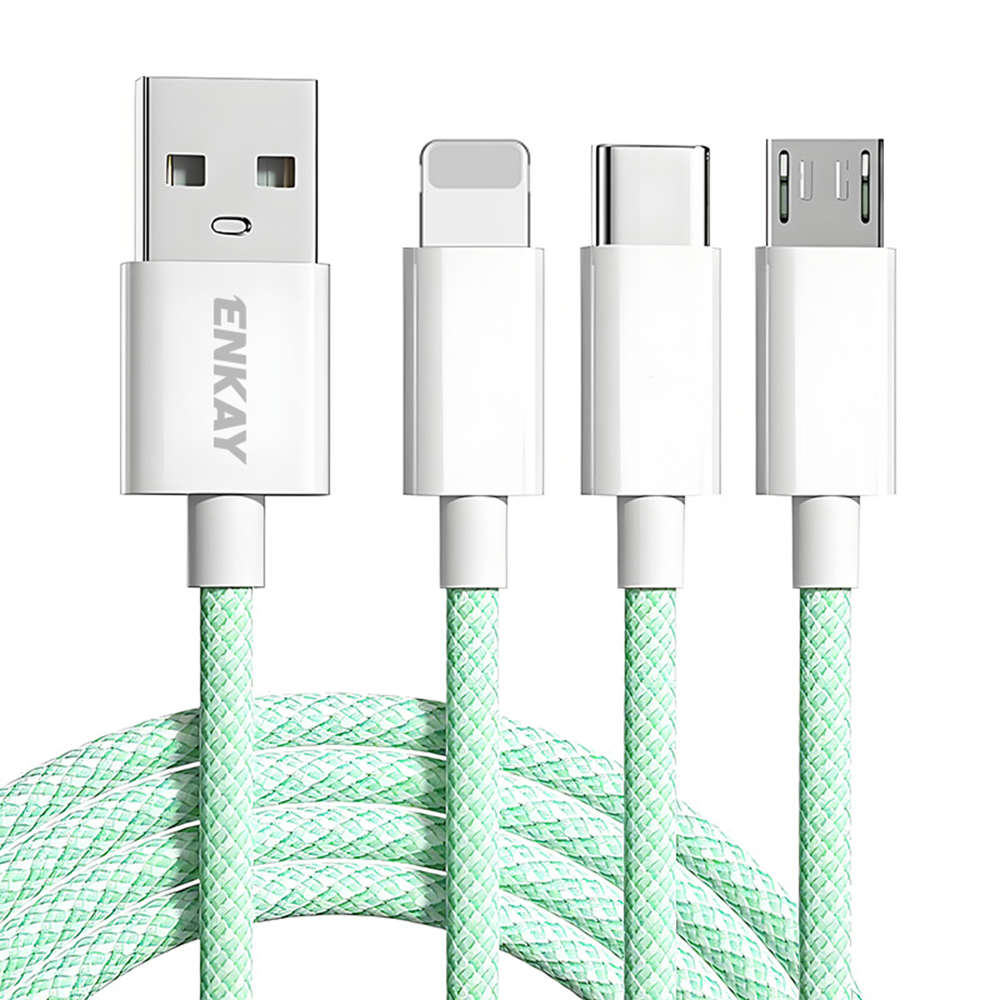 ENKAY 1.5m 3 in 1 USB to iP / Type-C / Micro USB 60W Charging Data Cable Braided Wire - Green