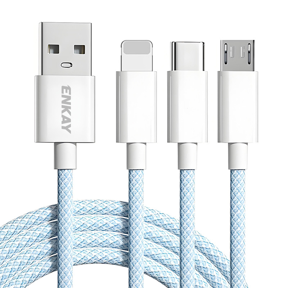 ENKAY 2m 3 in 1 USB to iP / Type-C / Micro USB 60W Charging Data Cable Braided Wire - Blue