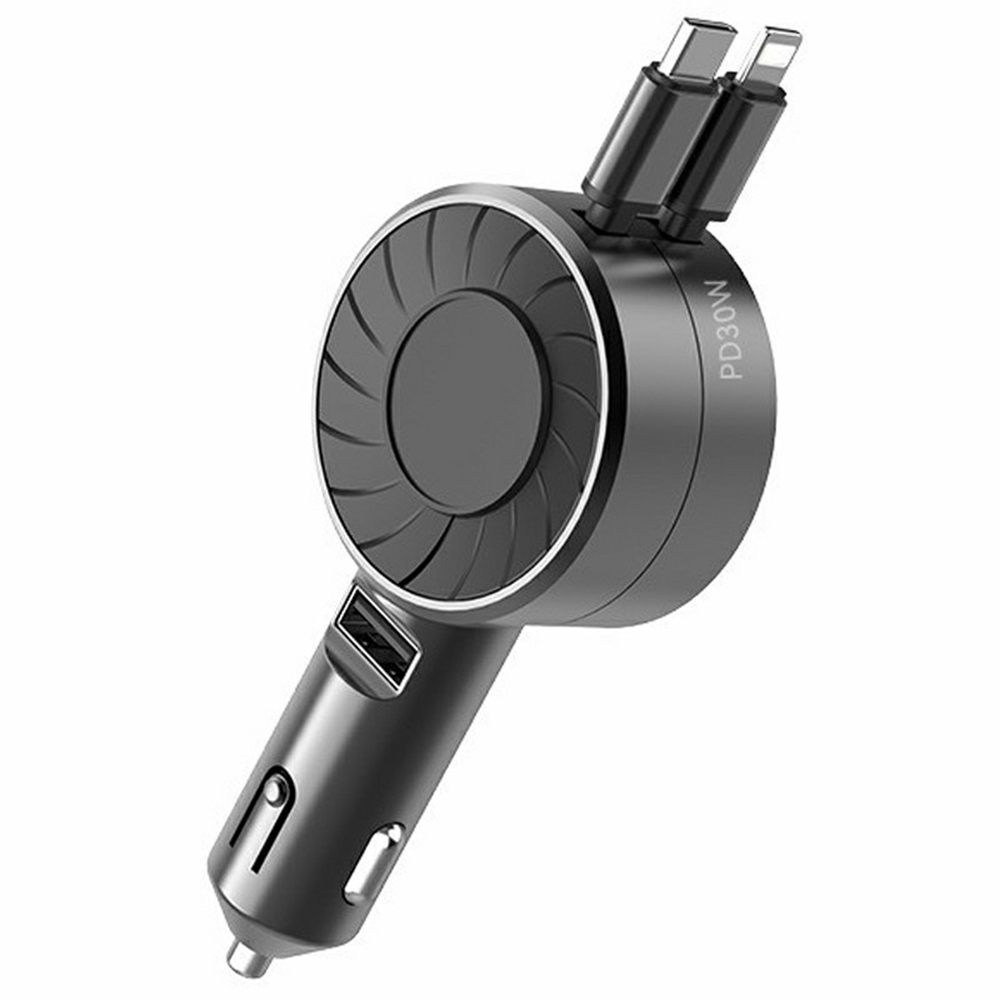 Turbine Blade Design Car Charger with Type-C  /  iP Retractable Cable Dual Port PD Super Fast Charging Cable