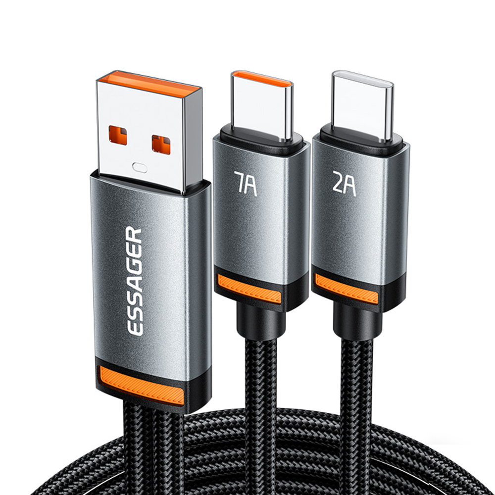 ESSAGER 1m USB-A to Type-C1 + Type-C2 Fast Charging Cable 100W PD Sync Data Transfer Cable - Grey