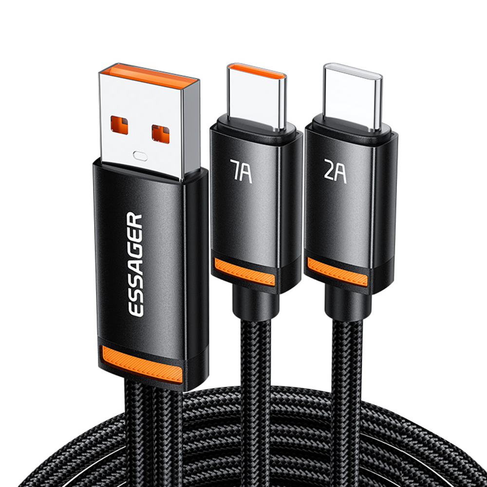 ESSAGER 1m USB-A to Type-C1 + Type-C2 Fast Charging Cable 100W PD Sync Data Transfer Cable - Black