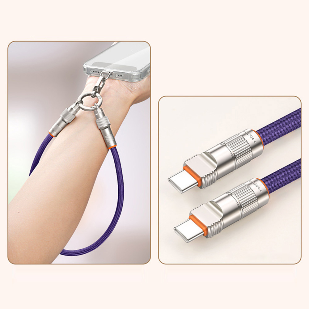 30cm 2 in 1 Wrist Strap Charging Cable Type-C to Type-C 66W Fast Charge Cable Cell Phone Lanyard - Purple