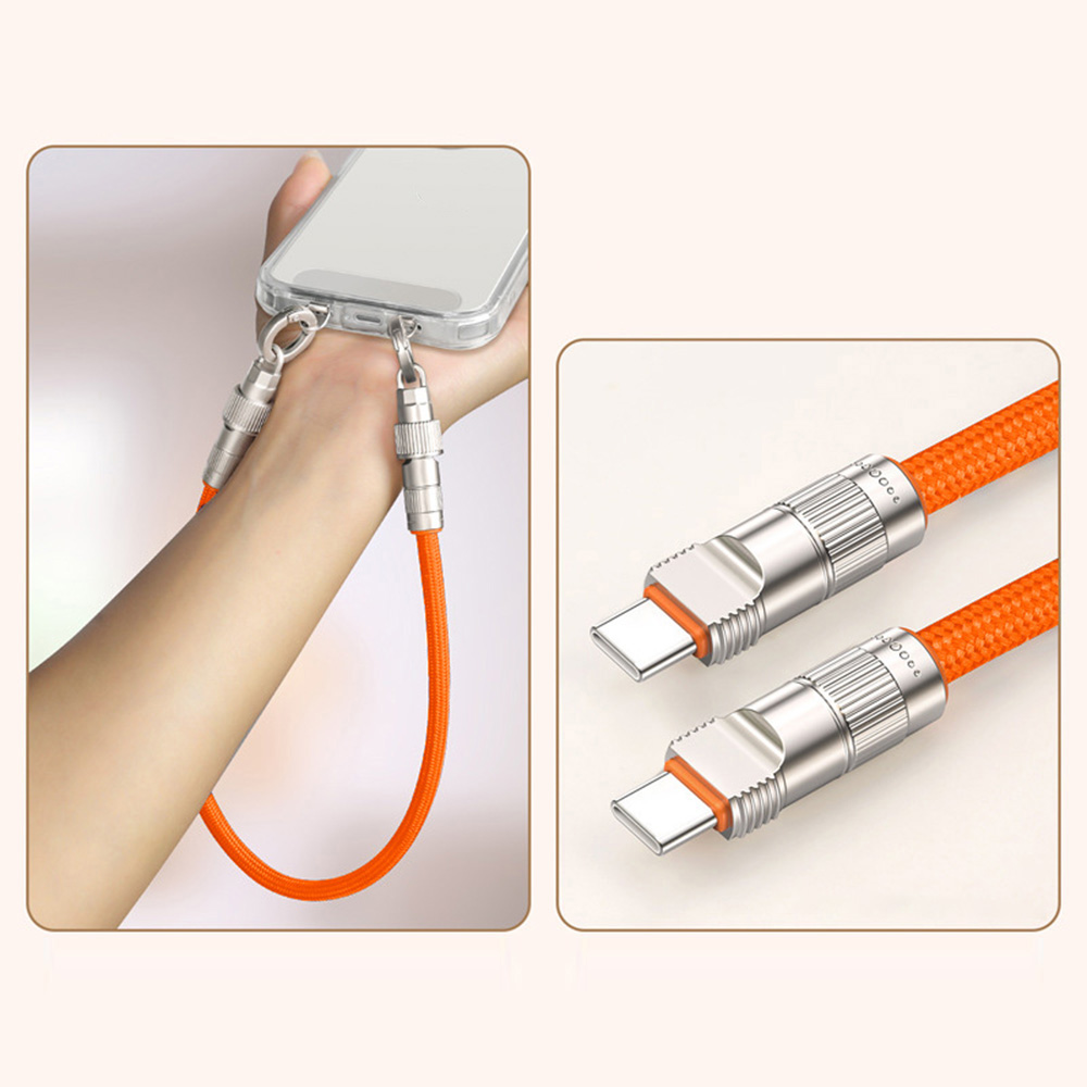 30cm Cell Phone Wrist Strap Charging Cable Type-C to Type-C 66W Fast Charge Data Cord Phone Lanyard - Orange