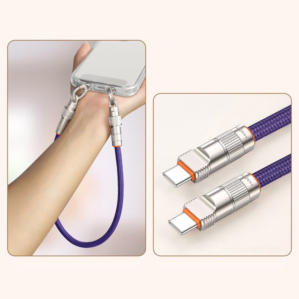 30cm Cell Phone Wrist Strap Charging Cable Type-C to Type-C 66W Fast Charge Data Cord Phone Lanyard - Purple