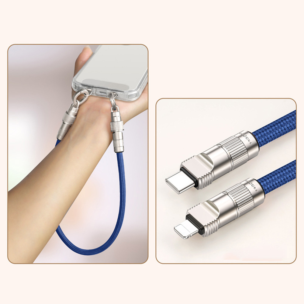 30cm Charging Cable Wrist Strap 27W Fast Charge Data Cord Phone Lanyard with Type-C to L-Port Connector - Sapphire