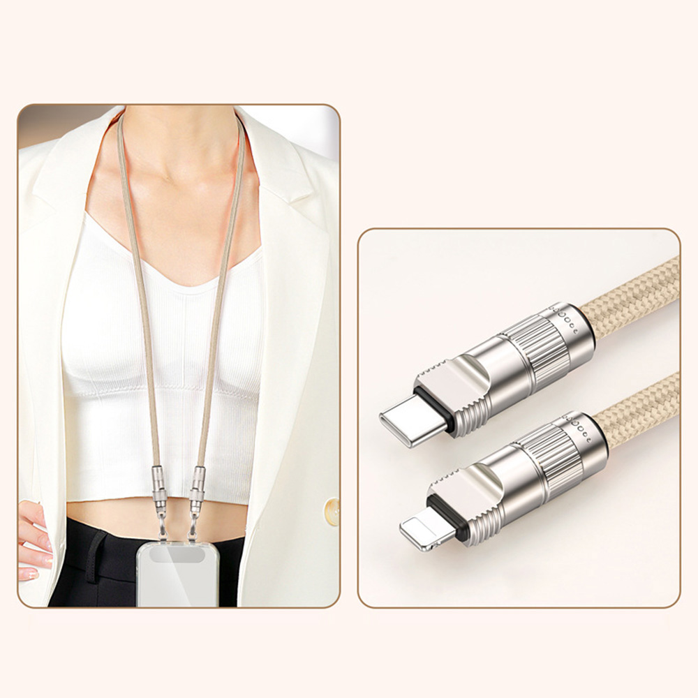 90cm Neck Strap Cell Phone Charging Cable Type-C to L-Port 27W Fast Charge Data Cord Necklace - Camel