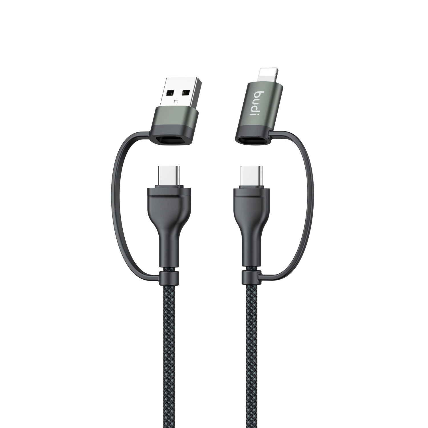 BUDI DC259ATTL12B 4 in 1 1.2m PD 65W USB / Type-C to iP / Type-C Charge Cable Fast Charging Cable - Black