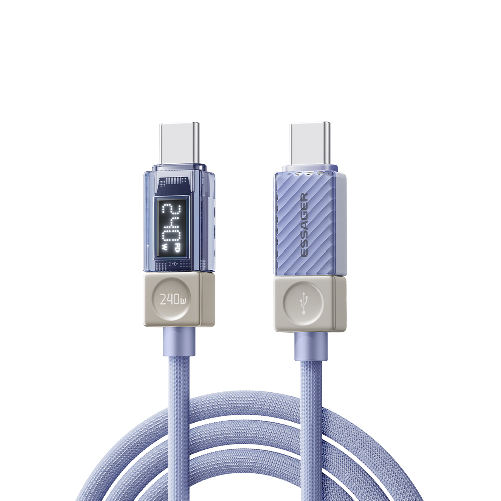 ESSAGER 2m 240W Type-C to Type-C Fast Charging Cable Clear Digital Display Data Cable - Blue