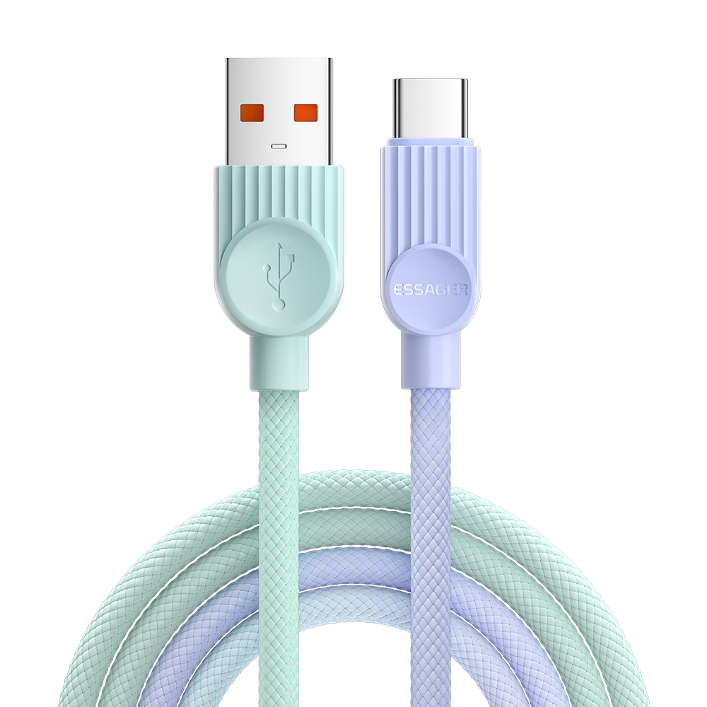 ESSAGER ES-X73 TPE 0.25m A-C 7A 100W Date Cable USB-A to Type-C Fast Charging Cord Smart Chip Control - Purple Green