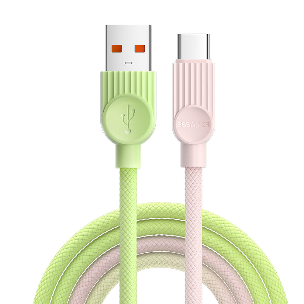 ESSAGER ES-X73 TPE 0.25m A-C 7A 100W Date Cable USB-A to Type-C Fast Charging Cord Smart Chip Control - Pink Green