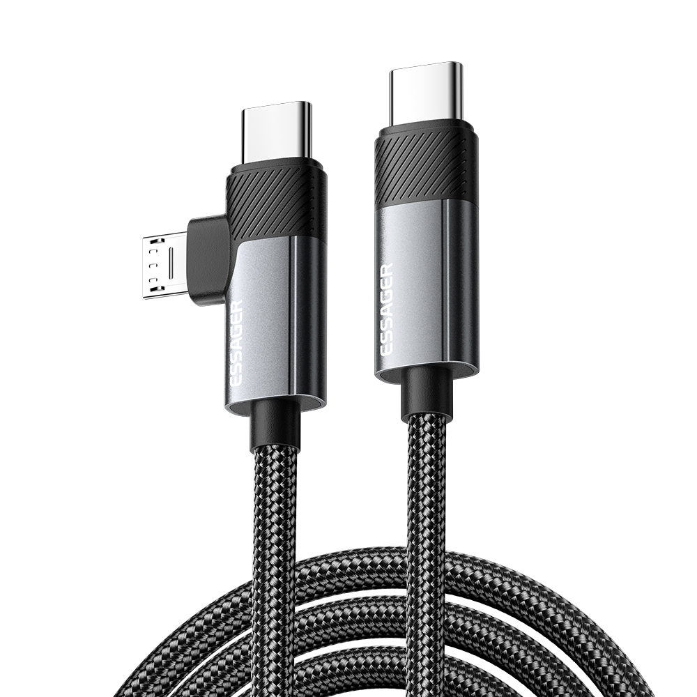 ESSAGER 2m 65W Aluminum Alloy Data Cable 2 in 1 Type-C to Type-C+M Micro Fast Charging Cable - Grey