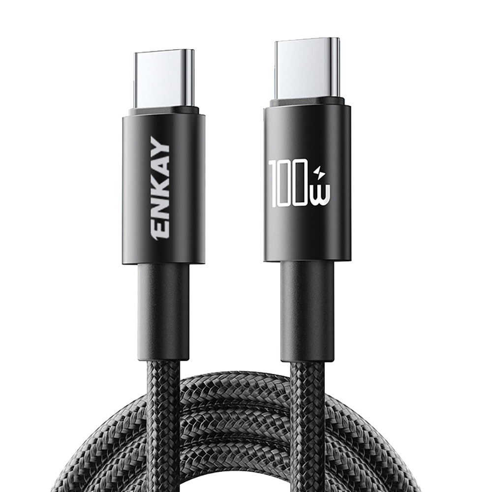 ENKAY HAT PRINCE 2m PD 100W Nylon Braided Type-C to Type-C Cable Fast Charging Data Transfer Cord with E-Marker Chip - Black