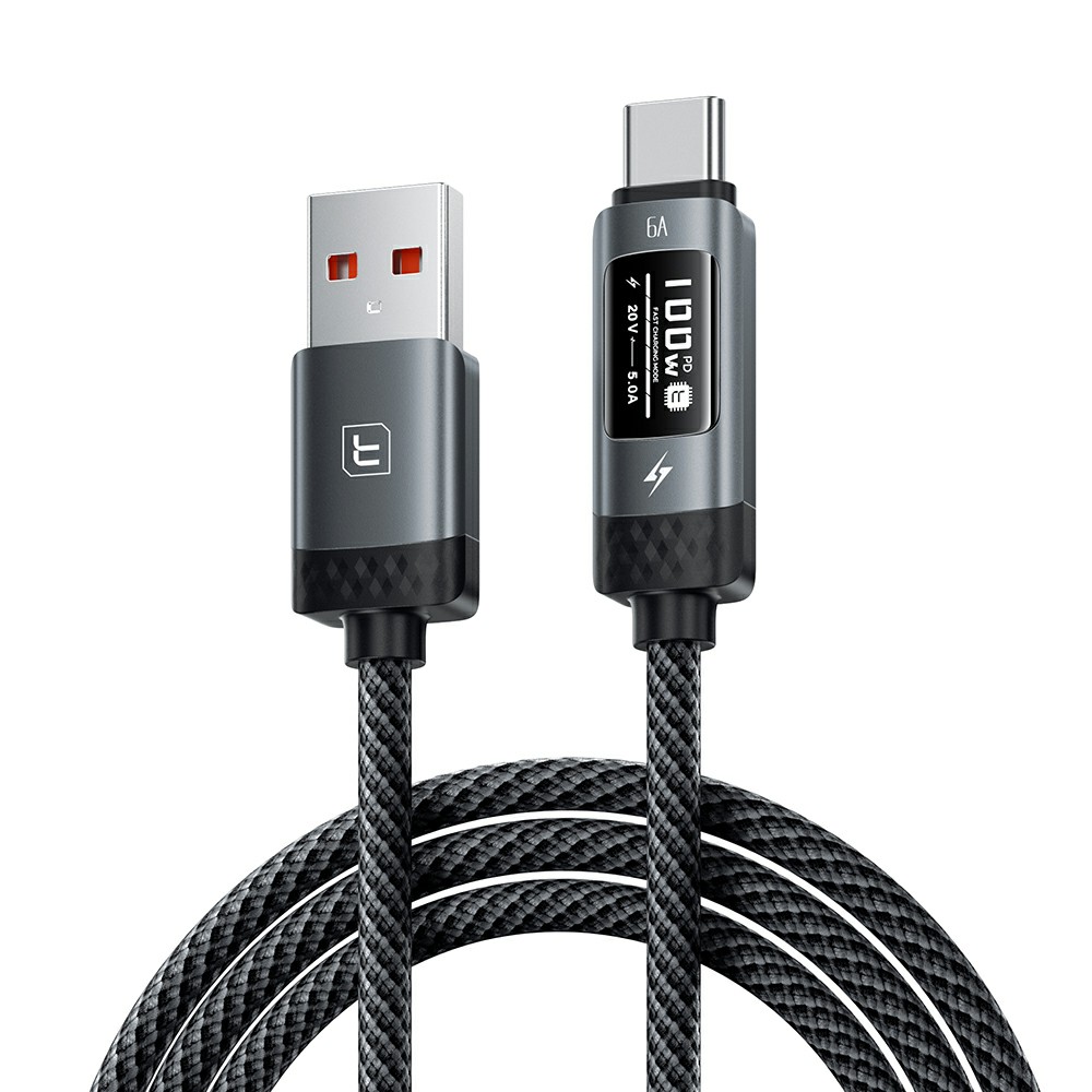TOOCKI TX111A2 1m PD 100W USB-A to USB-C OLED Digital Display Data Cable Fast Charging Cable with E-Marker Chip for Laptop Phone - Black