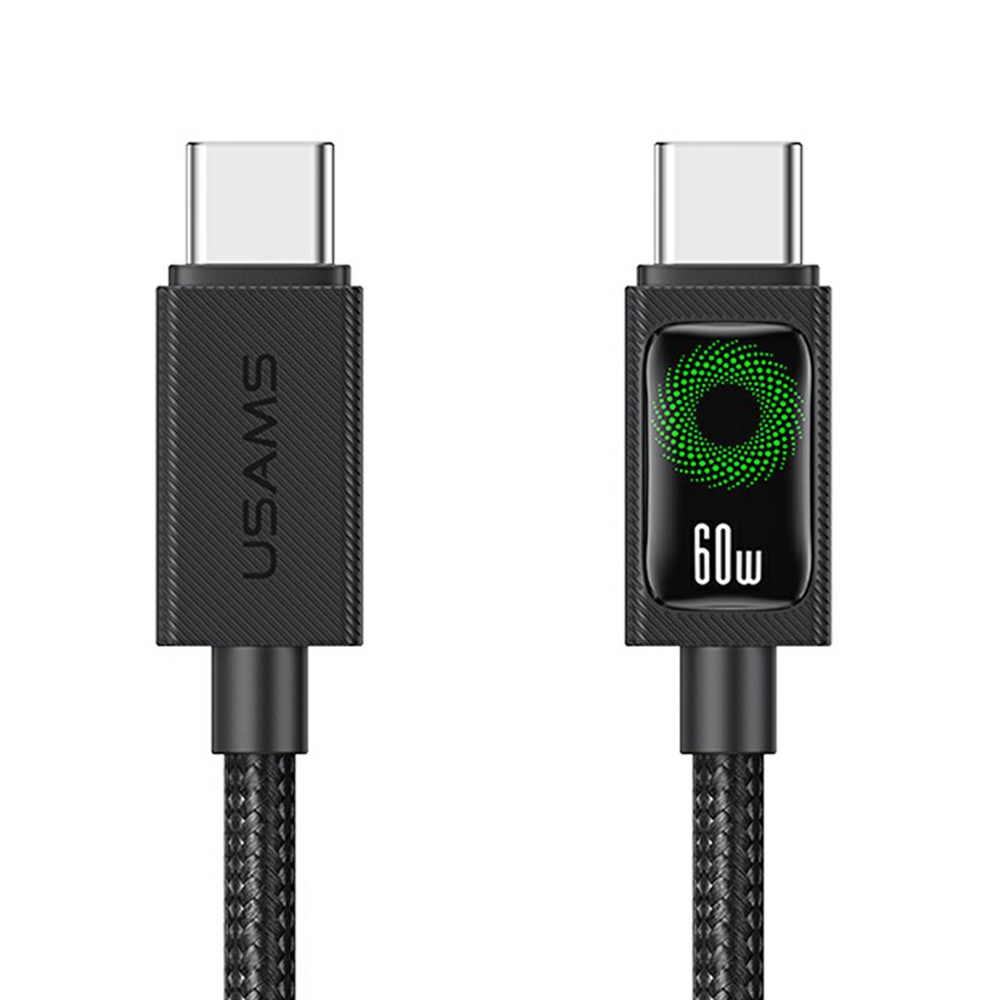 USAMS SJ773 U92 1.2m 60W Type-C to Type-C Cable Fast Charging Data Sync Cord with LED Light - Black