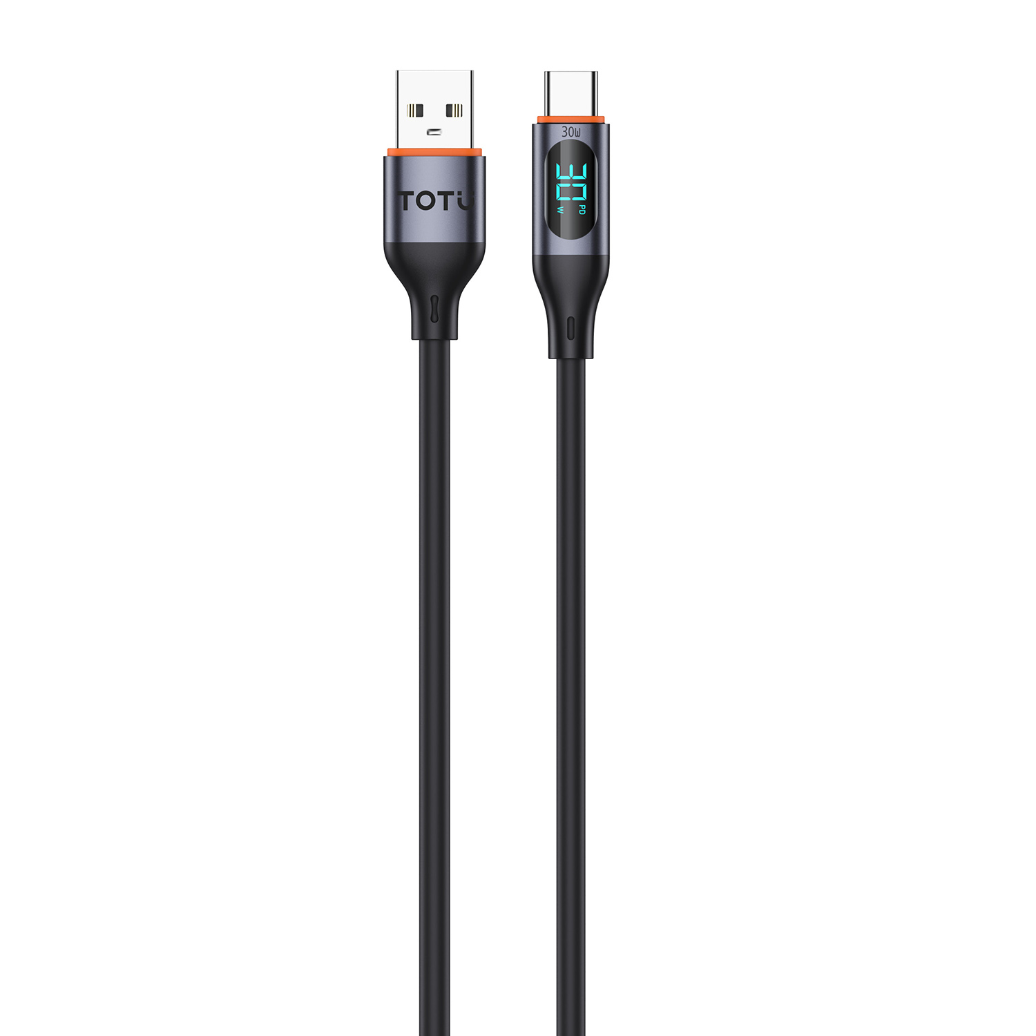 TOTU CB-7-T 100cm 30W Fast Charging Cable with Digital Display USB-A to USB-C Data Cord - Black