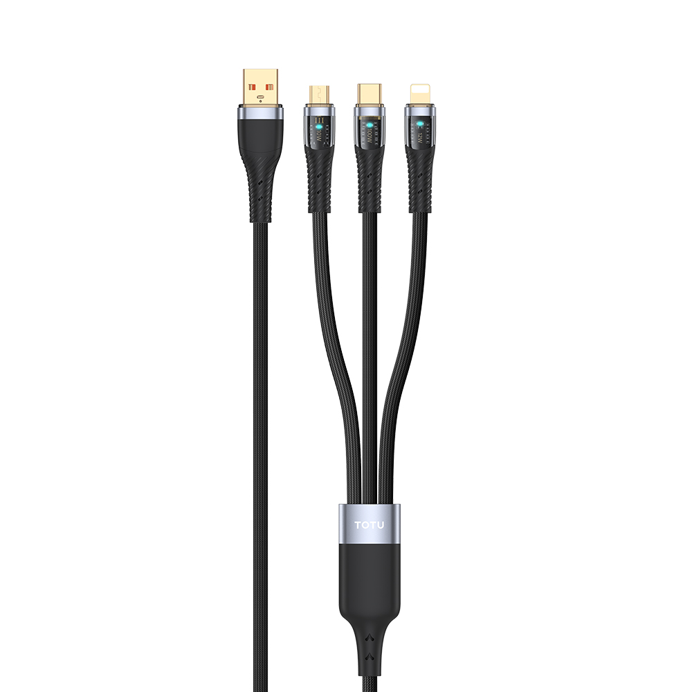 TOTU CB-8-3 150cm 3 in 1 to USB Cable 100W Charging Clear Aluminum Alloy Braided Data Cable - Black