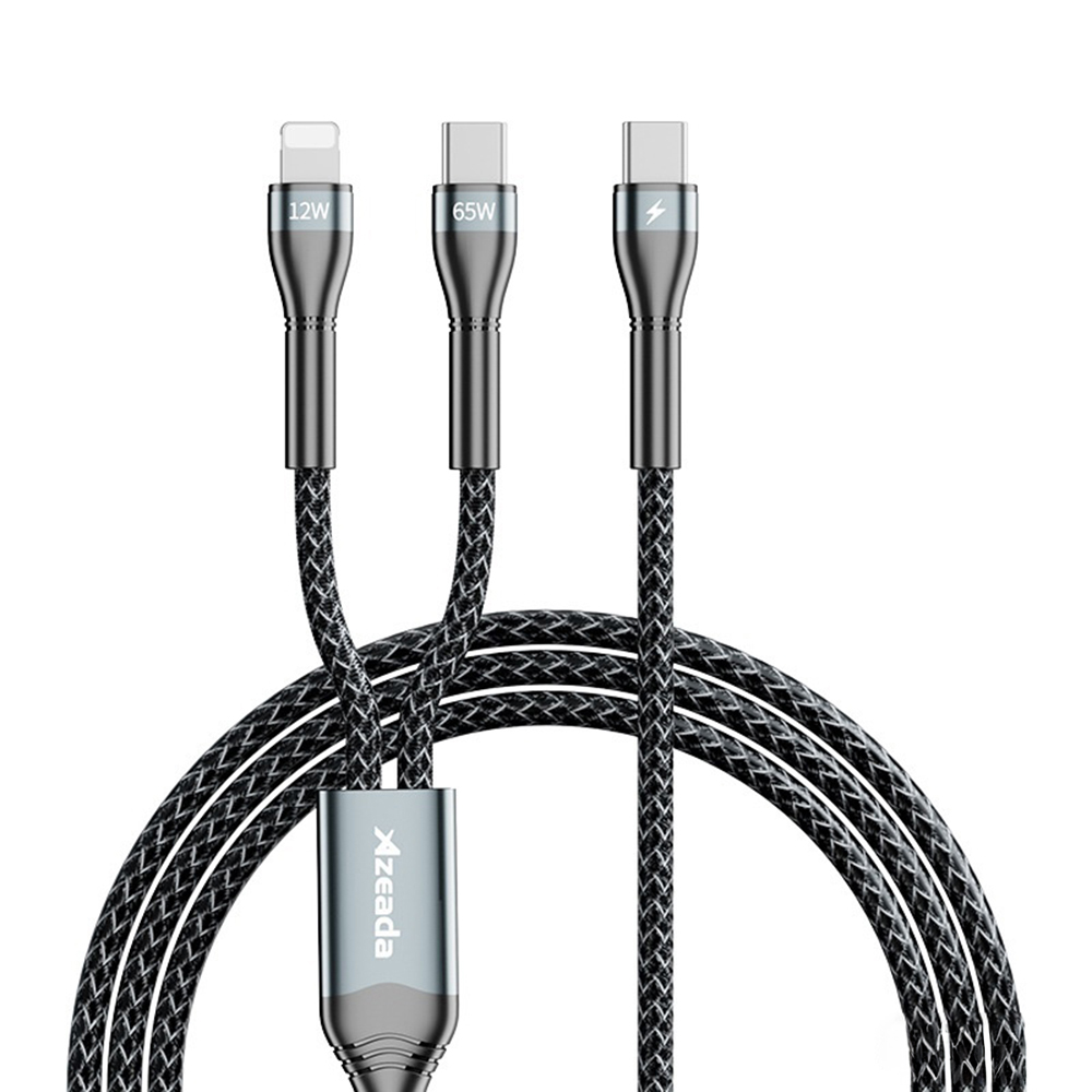 AZEADA AZ-B03th 1.5m USB-C to USB-C + iP 2 in 1 Braided Data Cable 65W Fast Charging Cable - Black
