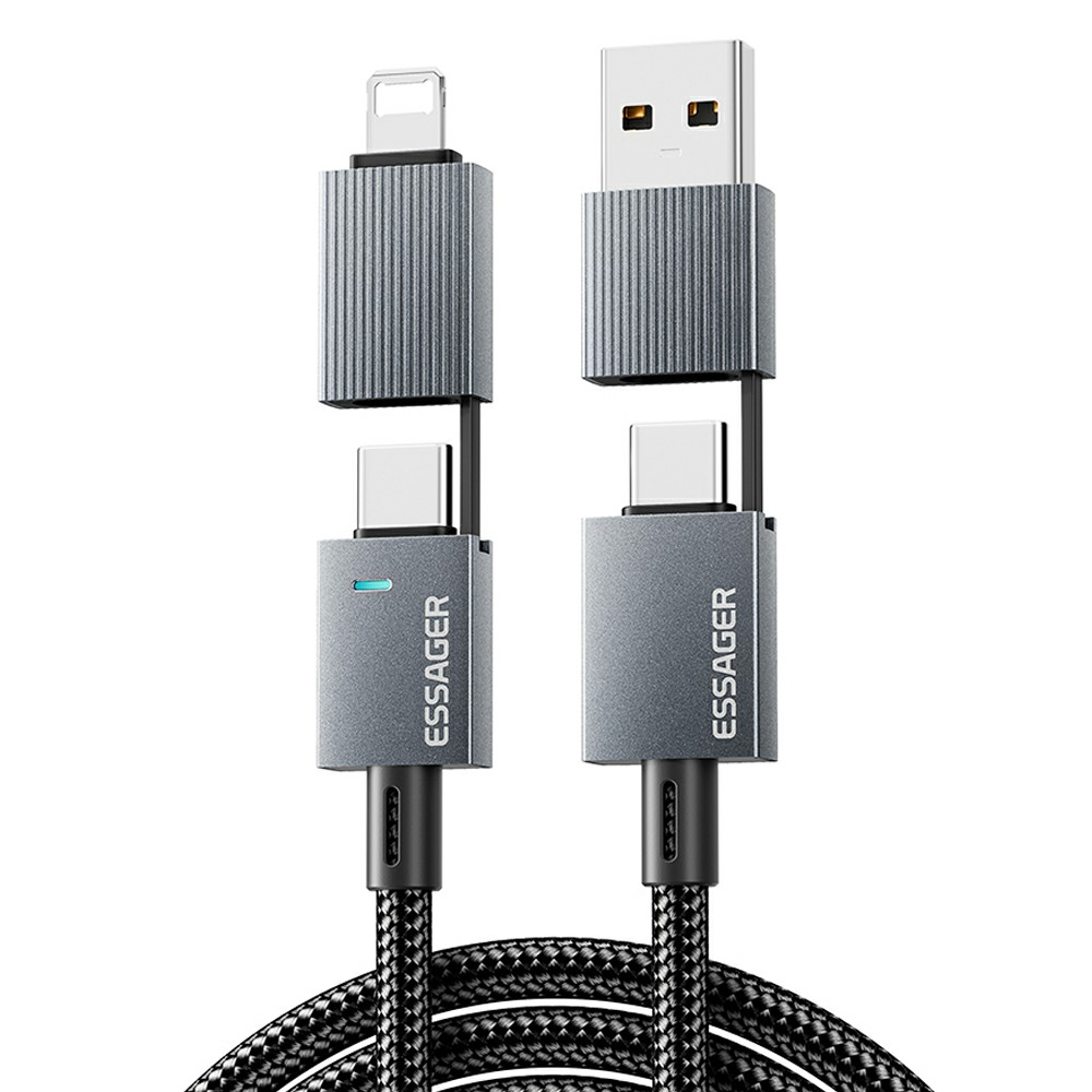 ESSAGER 2m 4 in 1 USB-A  /  Type-C to Type-C  /  iP Braided Data Cord PD 240W Fast Charging Cable - Grey
